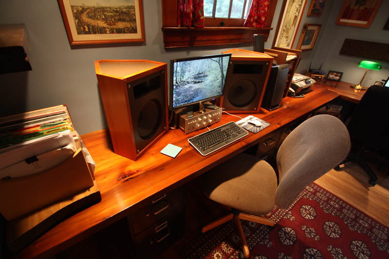 Our home office. Note reclaimed poplar countertops. Speakers are solid douglas fir.