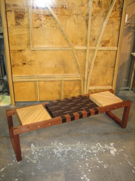 Bench built from reclaimed walnut, scrap plywood and leather.