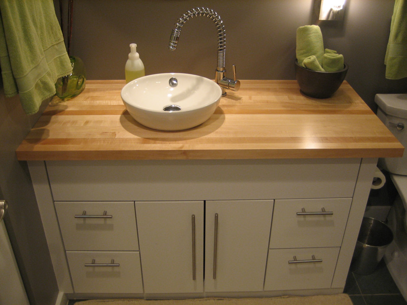 Guest room vanity at Pat\'s place. Solid maple butcher block top.